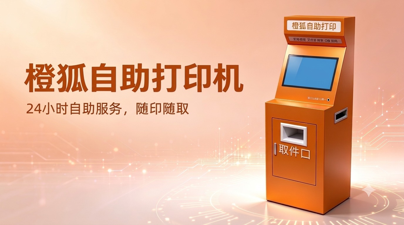 品牌形象 - 橙狐自助打印机，24 小时自助服务，随印随取。