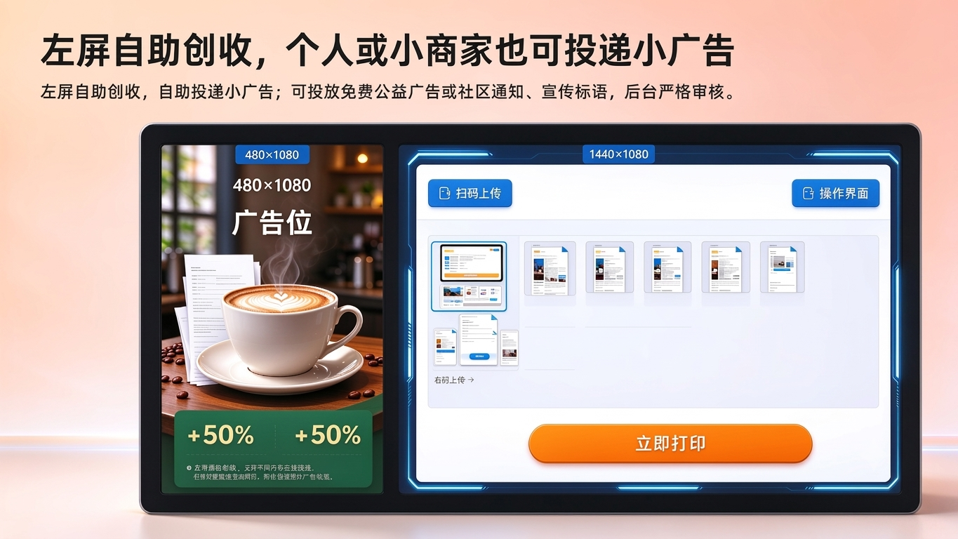 屏幕创收 - 左屏广告位自助创收，个人或小商家也可投递小广告。