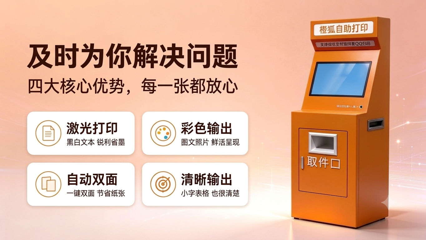 四大核心优势 - 激光打印、彩色输出、自动双面、清晰输出，每一张都放心。