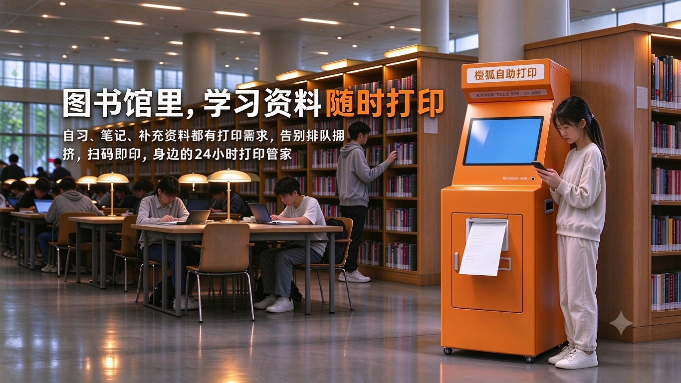 图书馆场景 - 图书馆里学习资料随时打印，身边的 24 小时打印管家。